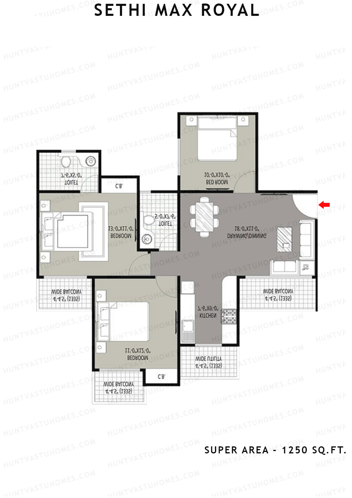 Sethi Max Royal Tower I Unit 5 (Type I-3BHK) Floor Plan