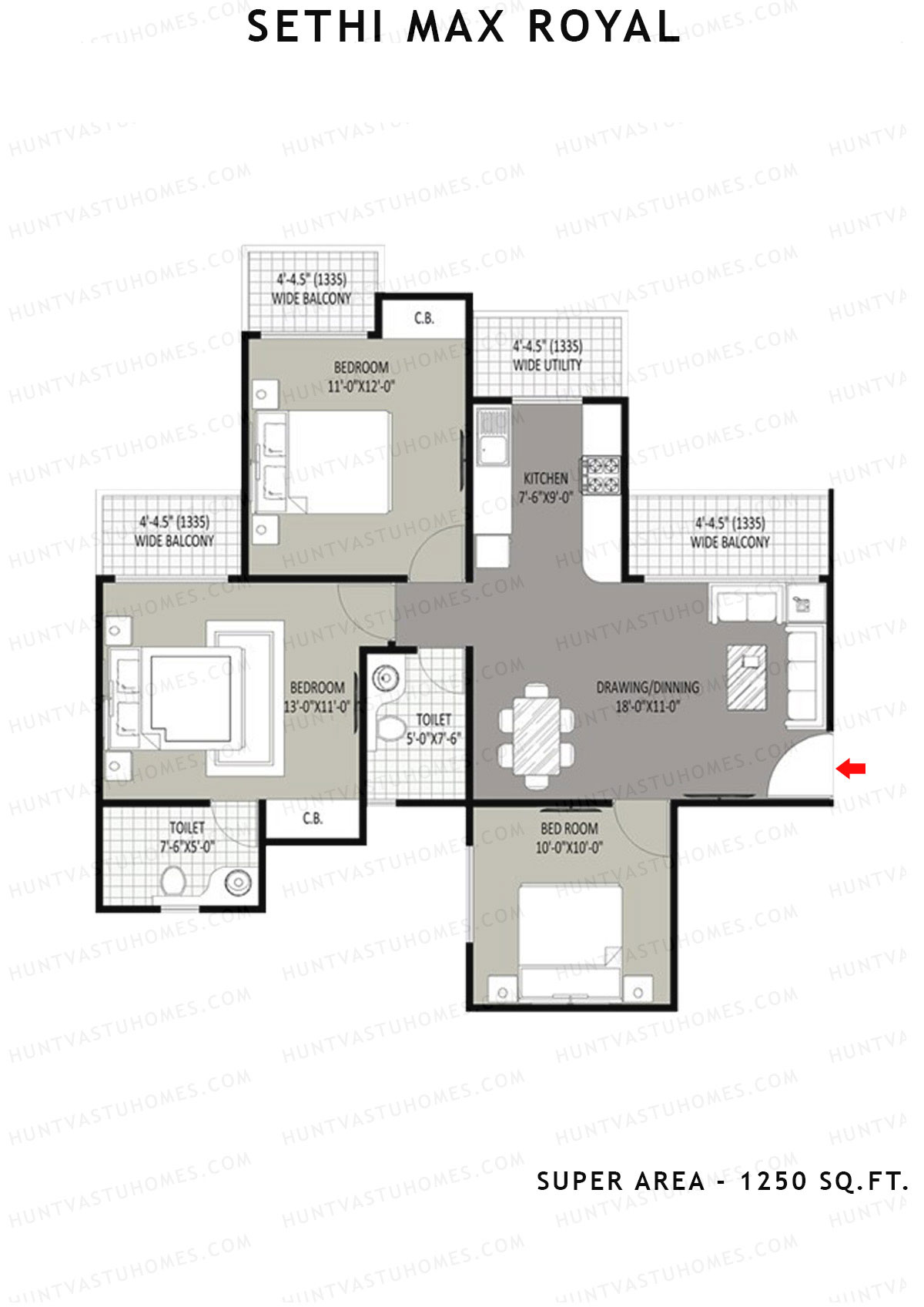 Sethi Max Royal Tower I Unit 6 (Type I-3BHK) Floor Plan