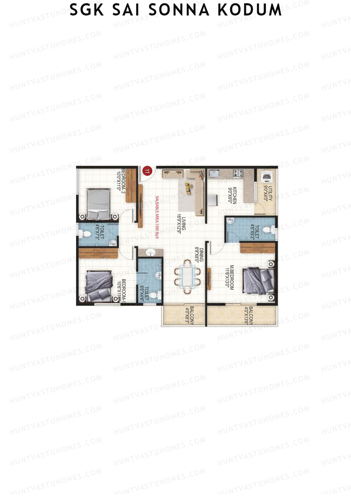SGK Sai Sonna Kodum, Kodum, Unit 11, 3BHK, Super Area 1395   sq ft 