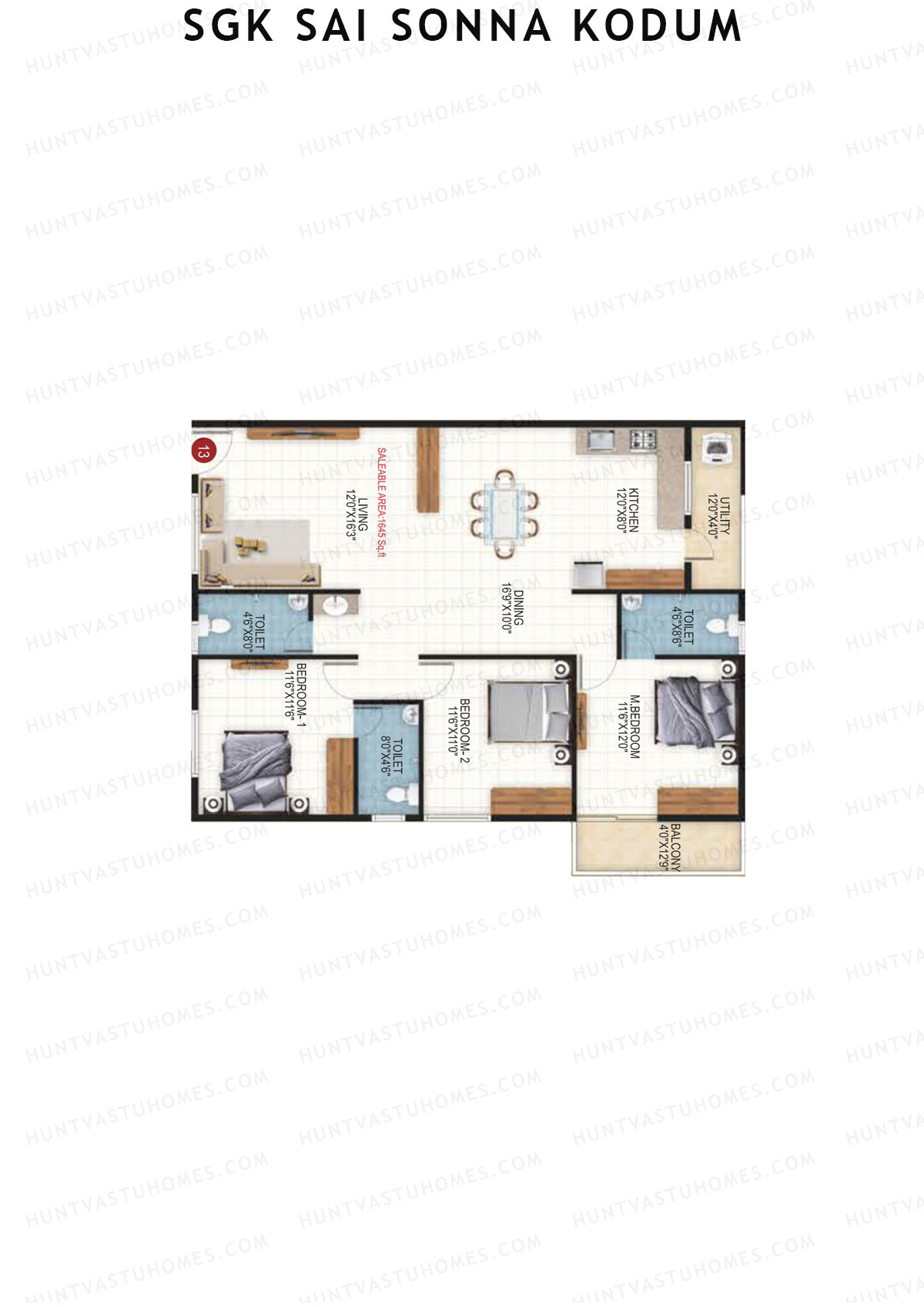 SGK Sai Sonna Kodum, Kodum, Unit 13, 3BHK, Super Area 1645   sq ft 