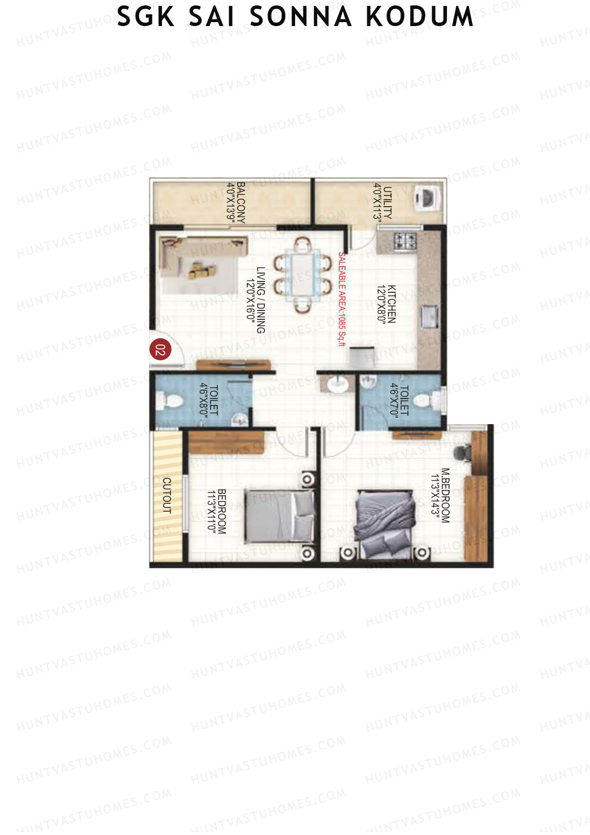 SGK Sai Sonna Kodum, Kodum, Unit 2, 2BHK, Super Area 1085   sq ft 