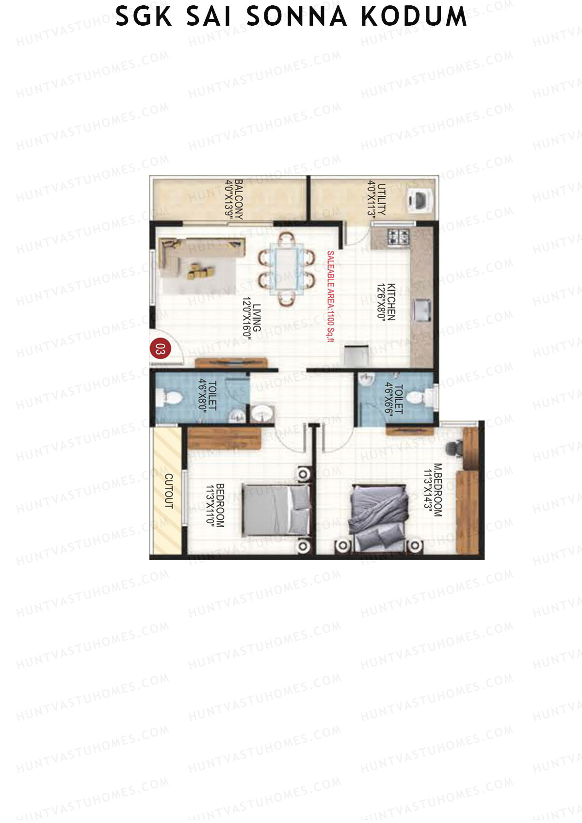 SGK Sai Sonna Kodum, Kodum, Unit 3, 2BHK, Super Area 1100   sq ft 