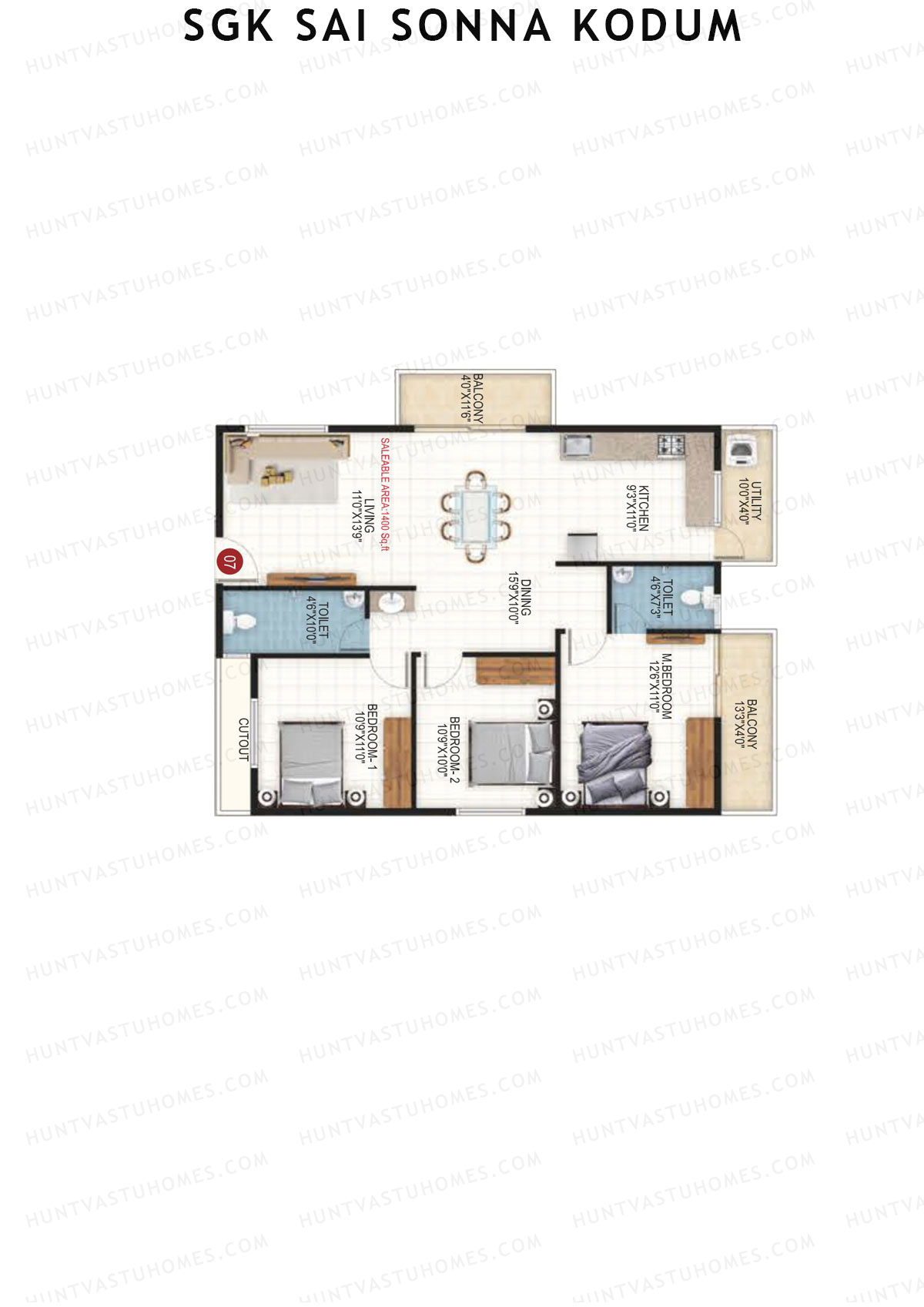 SGK Sai Sonna Kodum, Kodum, Unit 7, 3BHK, Super Area 1400   sq ft 