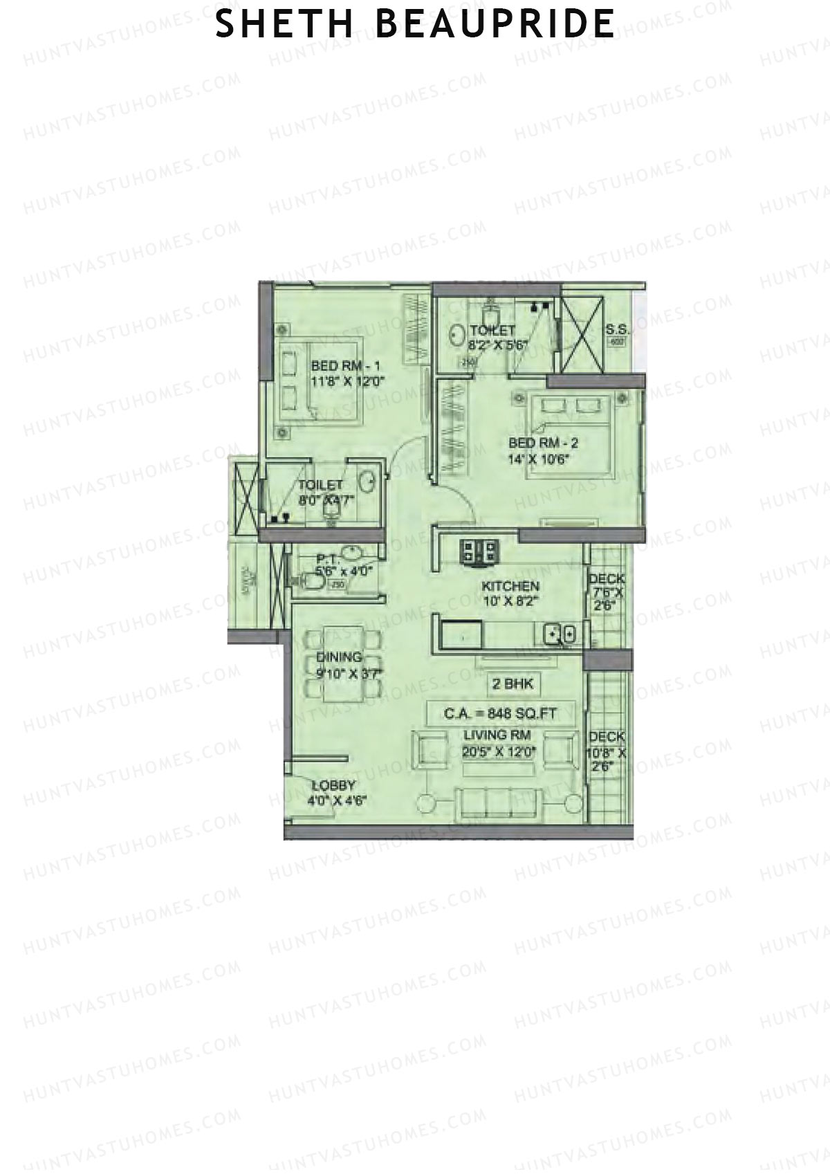 Sheth Beaupride, Beaupride, Unit 1, 2BHK, Carpet Area 848   sq ft 