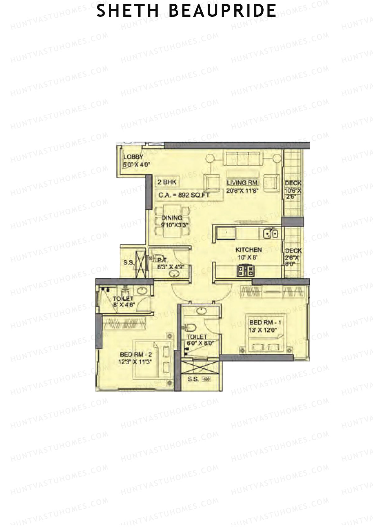Sheth Beaupride, Beaupride, Unit 2, 2BHK, Carpet Area 892   sq ft 