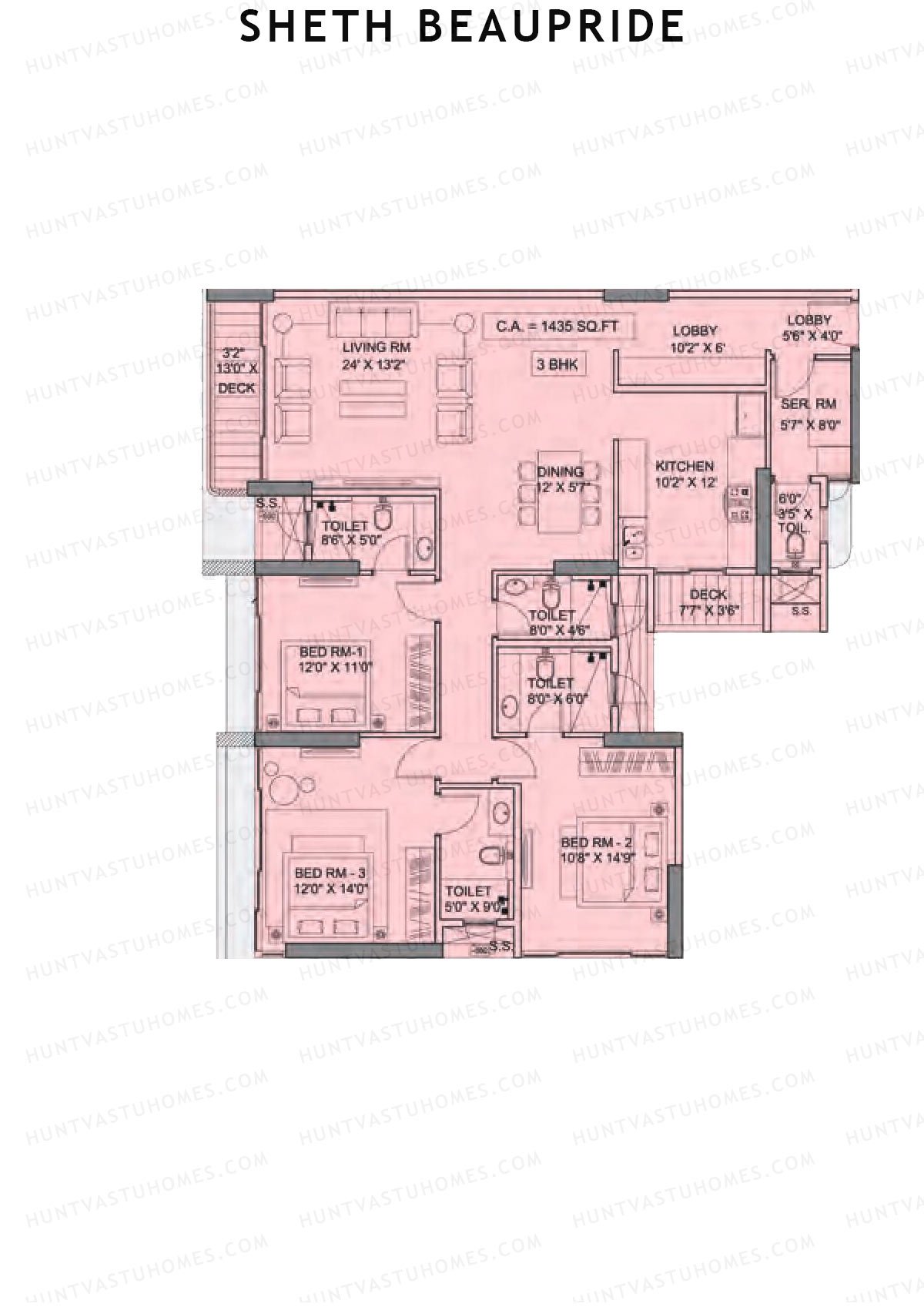 Sheth Beaupride, Beaupride, Unit 3, 3BHK, Carpet Area 1435   sq ft 