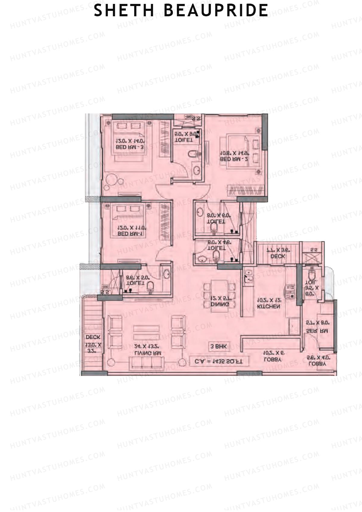 Sheth Beaupride, Beaupride, Unit 4, 3BHK, Carpet Area 1435   sq ft 