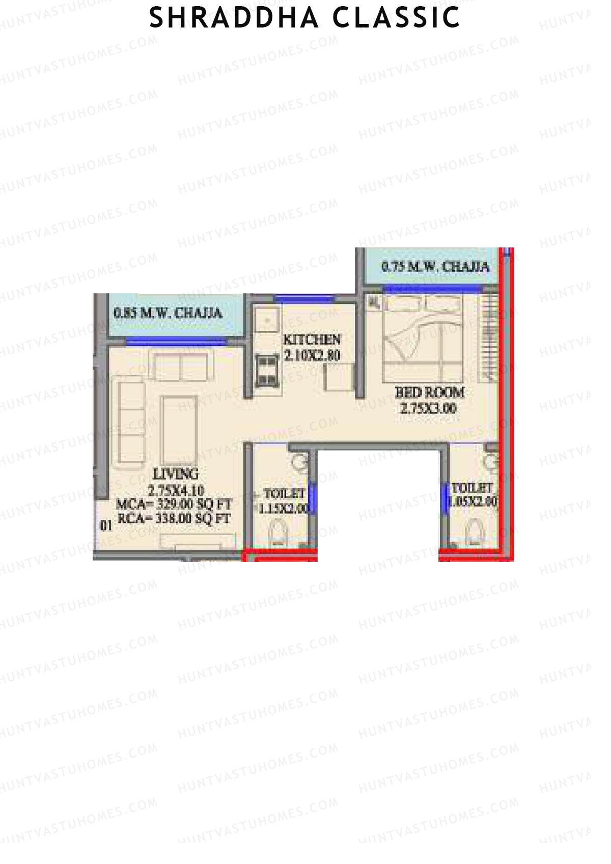 Shraddha Classic, Wing A, Unit 1, 1BHK, Carpet Area 338   sq ft 
