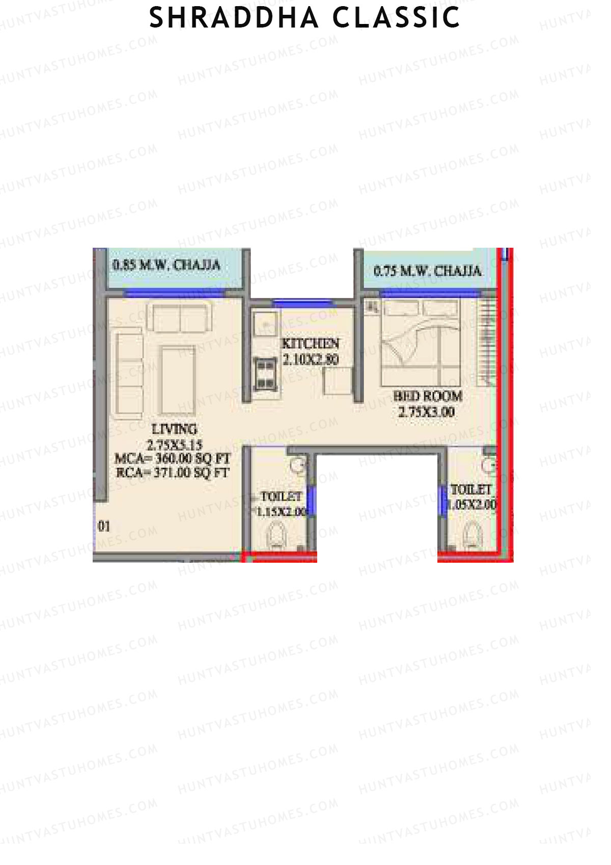 Shraddha Classic, Wing A, Unit 1, 1BHK, Carpet Area 371   sq ft 