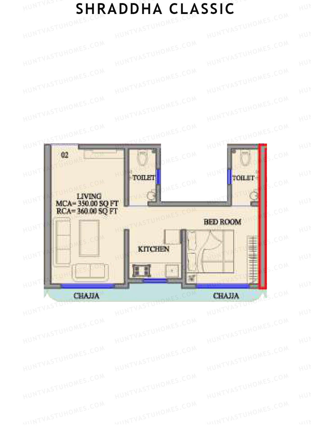 Shraddha Classic, Wing A, Unit 2, 1BHK, Carpet Area 360   sq ft 