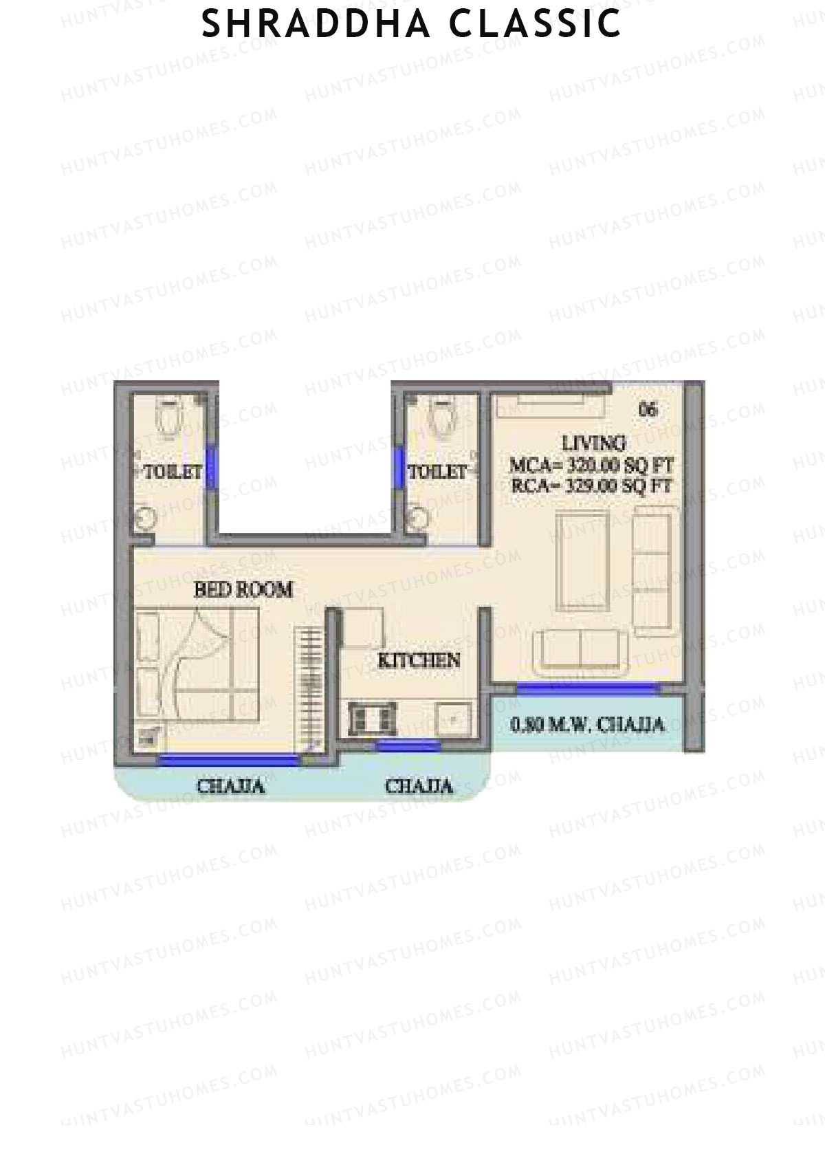 Shraddha Classic, Wing A, Unit 3, 1BHK, Carpet Area 329   sq ft 