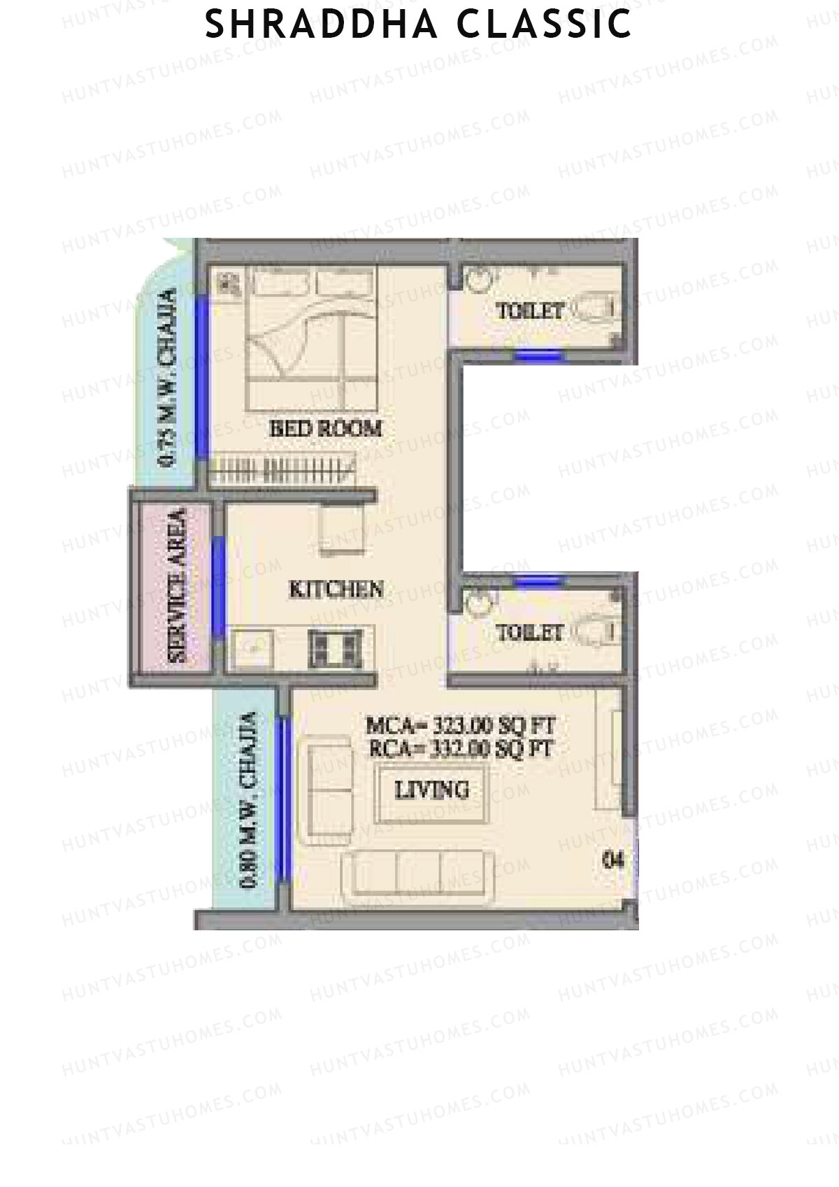Shraddha Classic, Wing A, Unit 4, 1BHK, Carpet Area 332   sq ft 