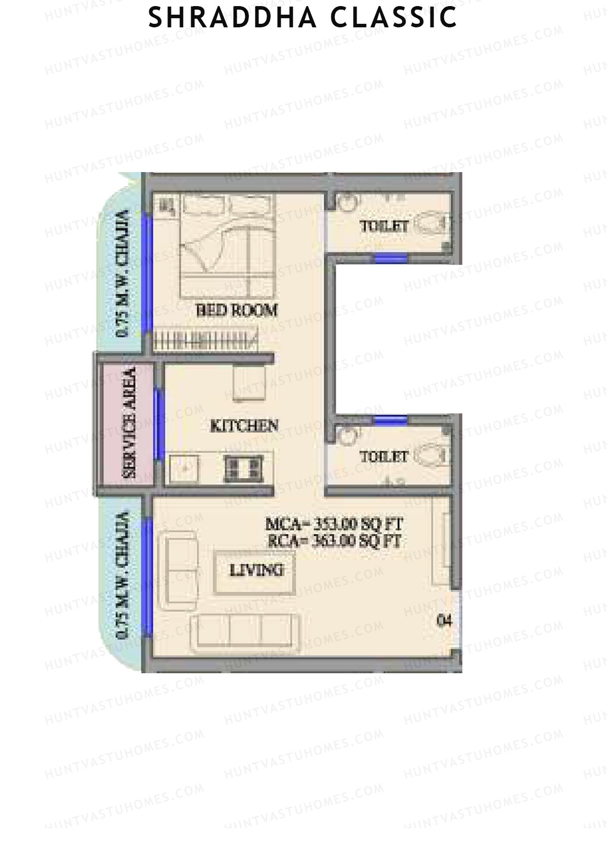 Shraddha Classic, Wing A, Unit 4, 1BHK, Carpet Area 363   sq ft 