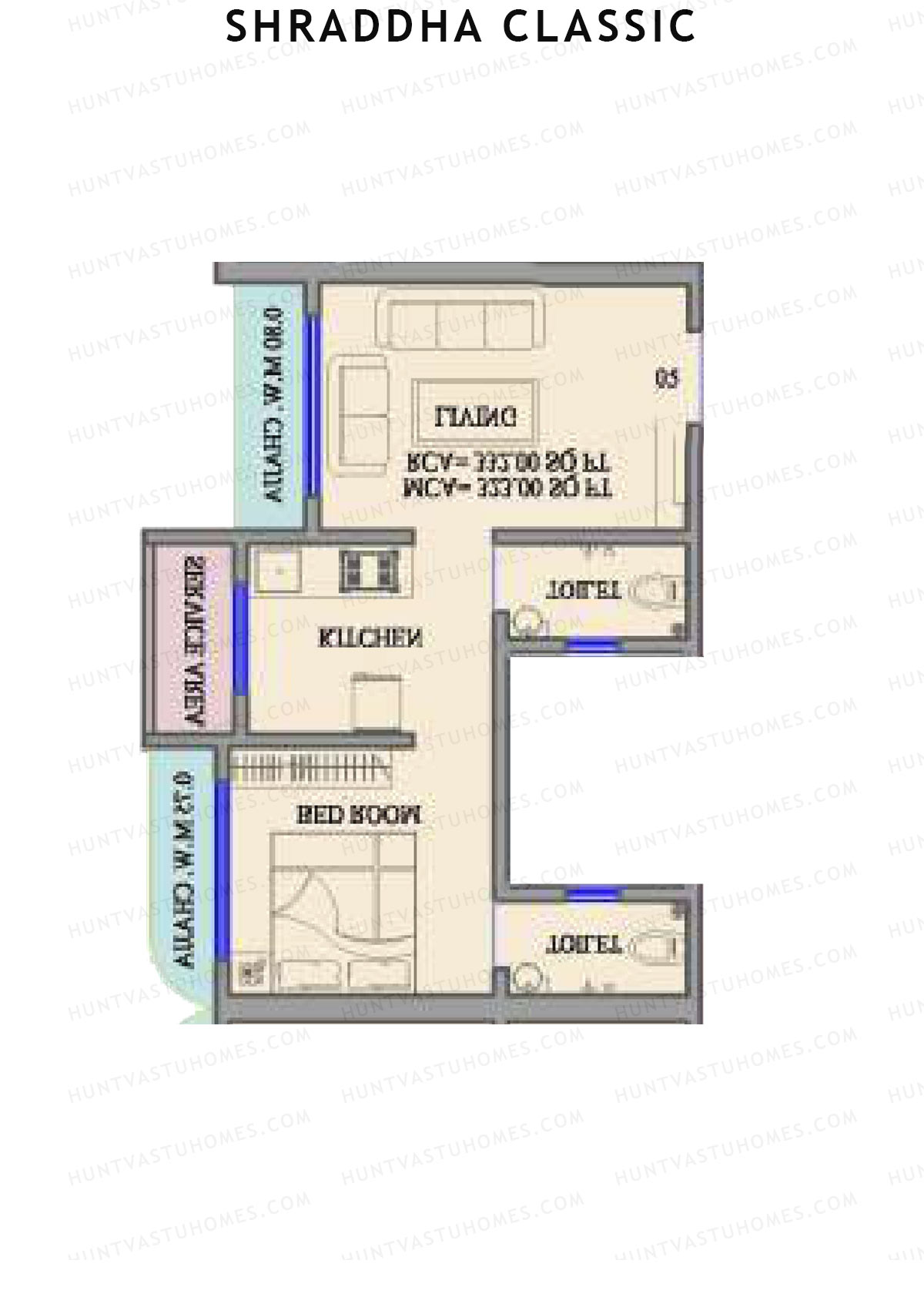 Shraddha Classic, Wing A, Unit 5, 1BHK, Carpet Area 332   sq ft 