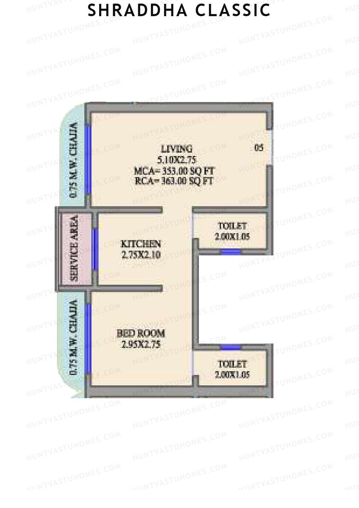 Shraddha Classic, Wing A, Unit 5, 1BHK, Carpet Area 363   sq ft 