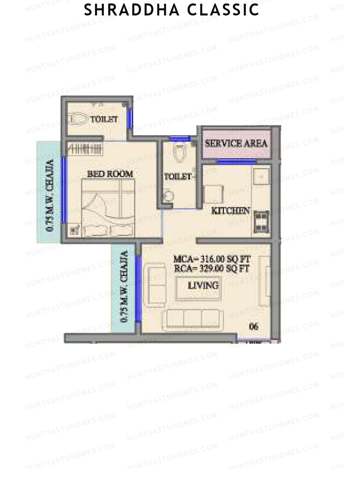 Shraddha Classic, Wing A, Unit 6, 1BHK, Carpet Area 329   sq ft 
