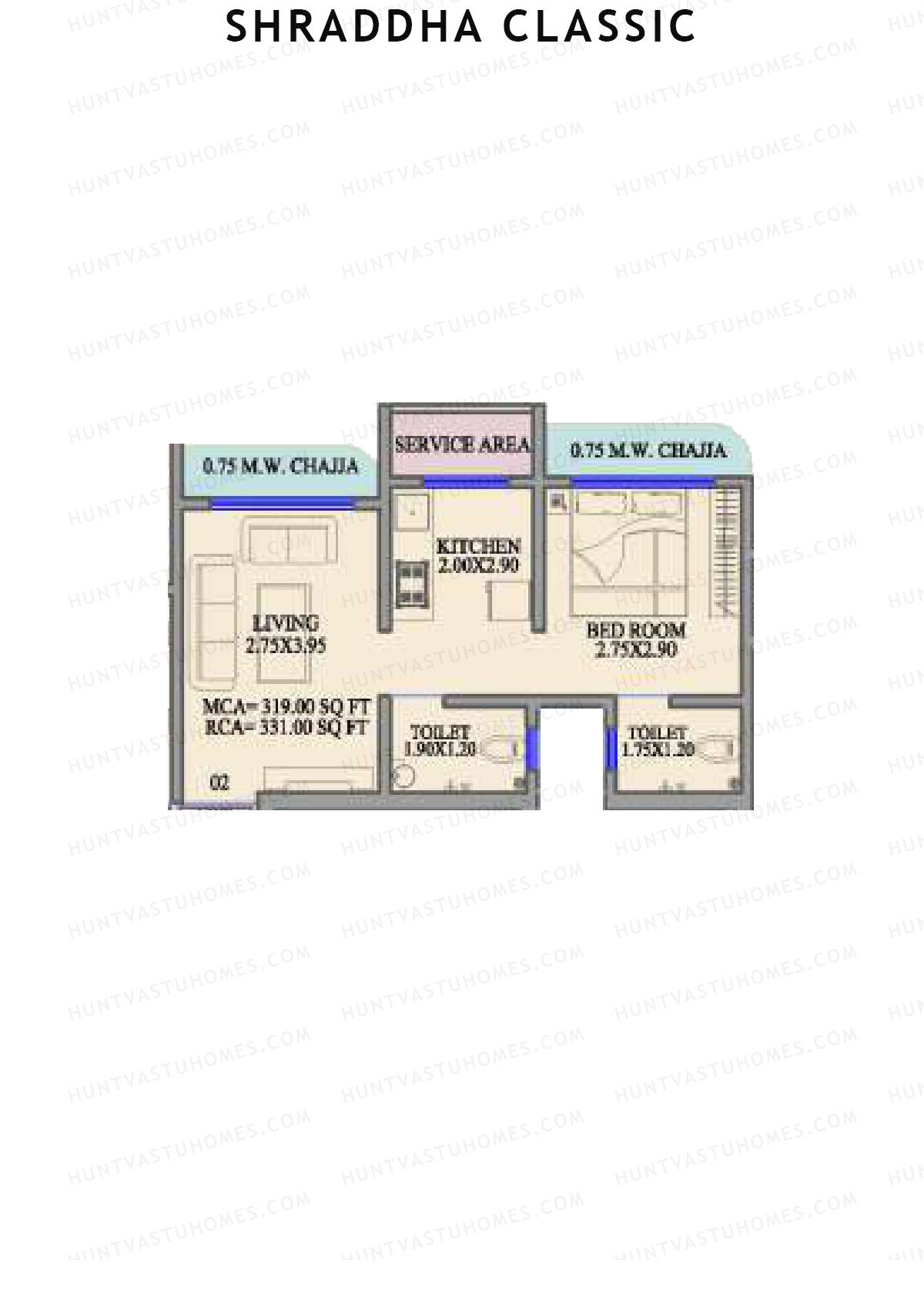 Shraddha Classic, Wing B, Unit 2, 1BHK, Carpet Area 331   sq ft 