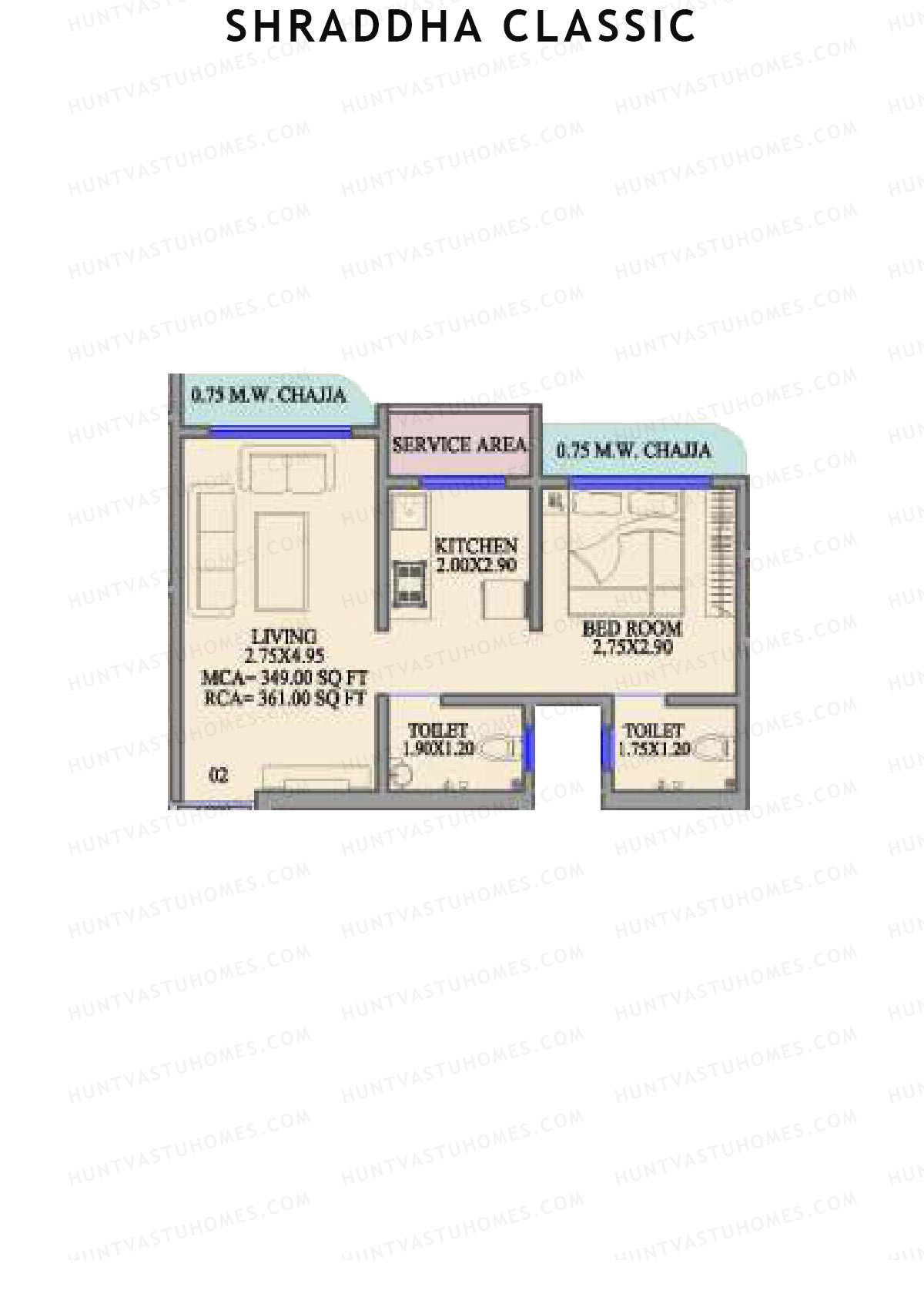 Shraddha Classic, Wing B, Unit 2, 1BHK, Carpet Area 361   sq ft 