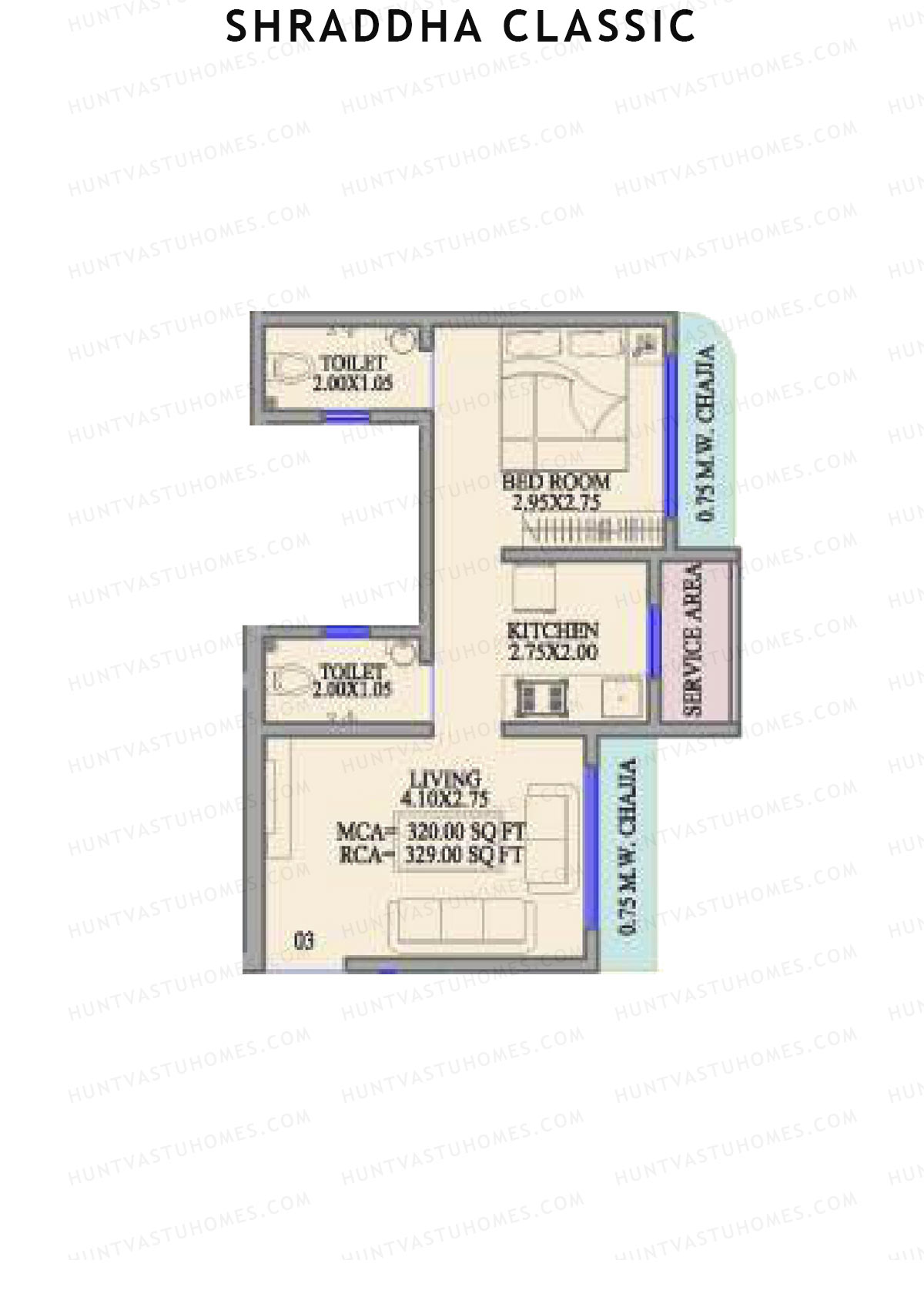 Shraddha Classic, Wing B, Unit 3, 1BHK, Carpet Area 329   sq ft 