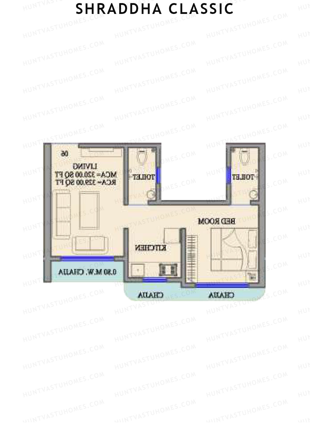Shraddha Classic, Wing B, Unit 4, 1BHK, Carpet Area 329   sq ft 
