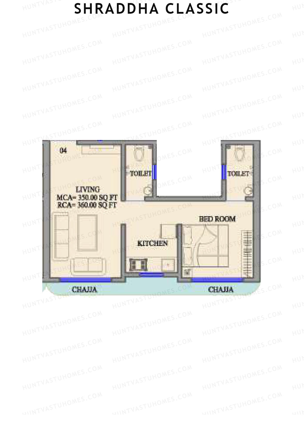 Shraddha Classic, Wing B, Unit 4, 1BHK, Carpet Area 360   sq ft 