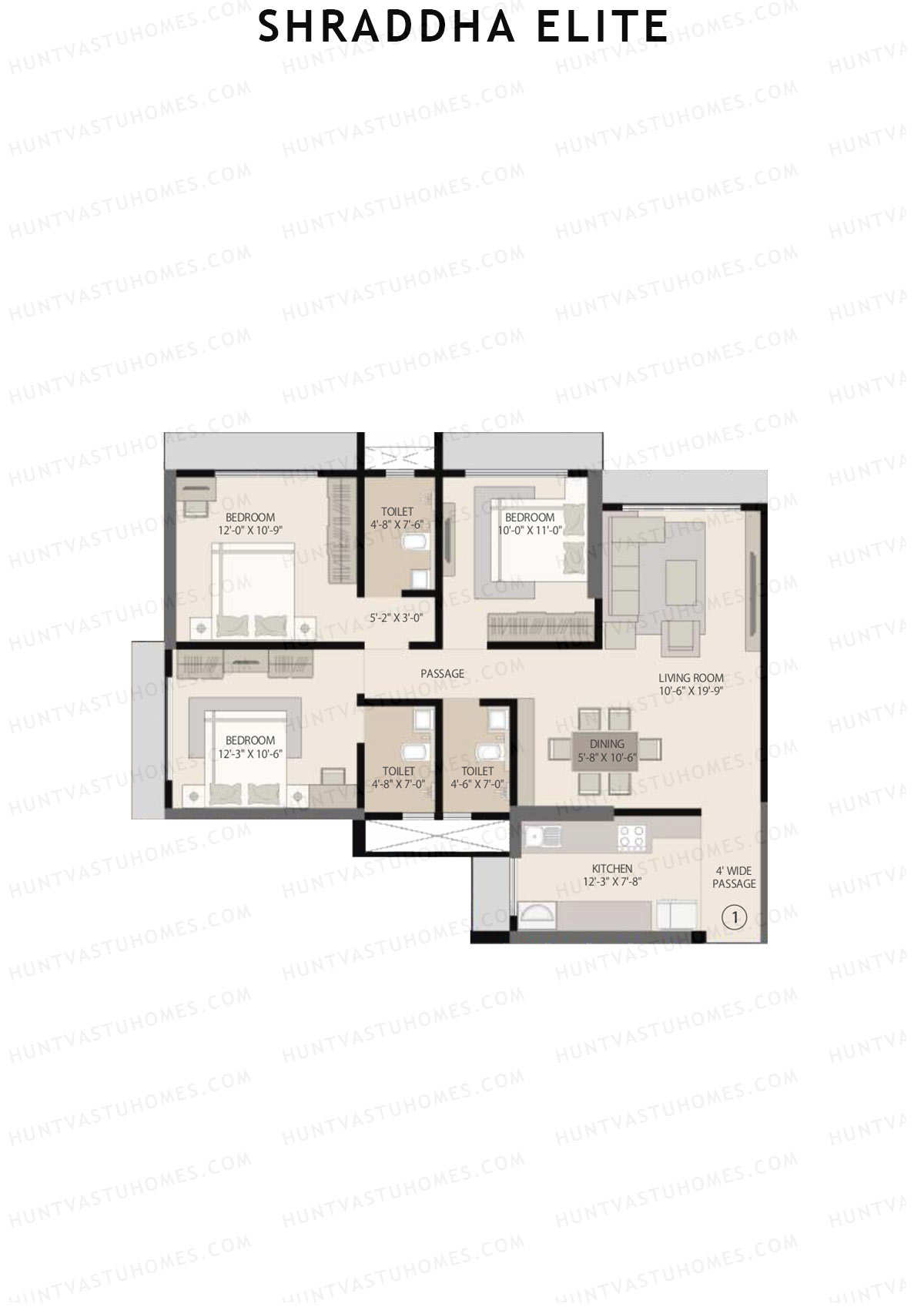 Shraddha Elite, Block A, Unit 1, 3BHK, Carpet Area 968   sq ft 
