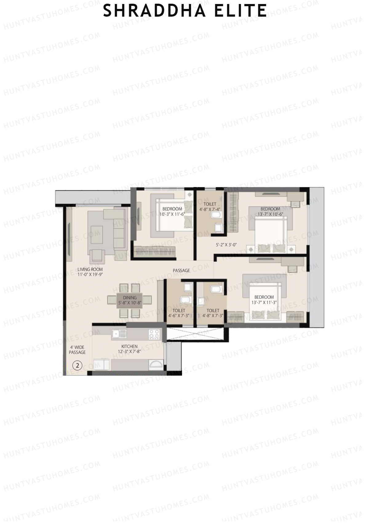Shraddha Elite, Block A, Unit 2, 3BHK, Carpet Area 1029   sq ft 