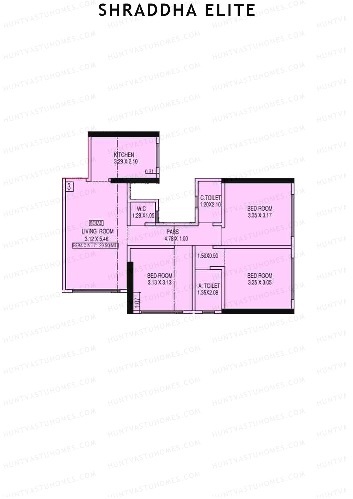 Shraddha Elite, Block A, Unit 3, 3BHK, Carpet Area 768   sq ft 
