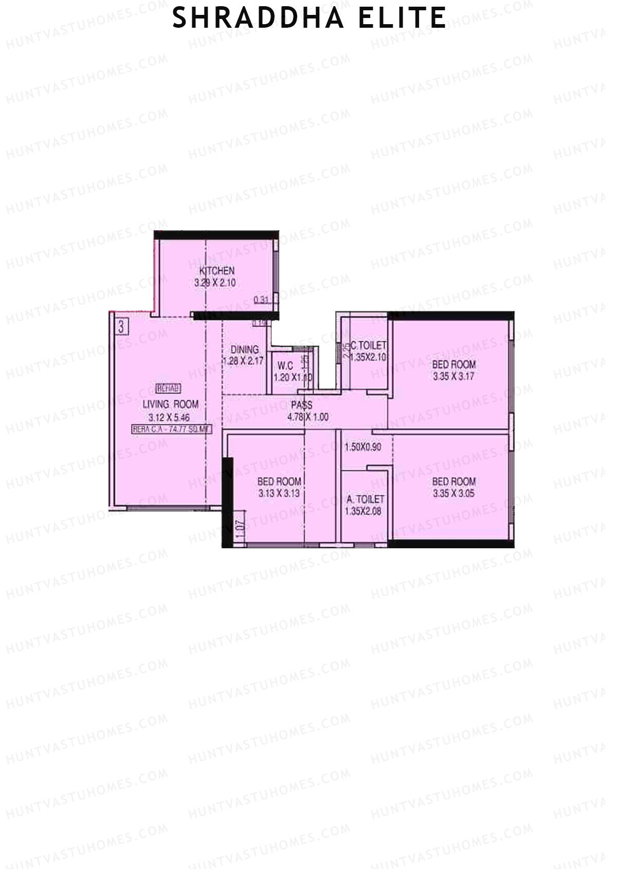 Shraddha Elite, Block A, Unit 3, 3BHK, Carpet Area 804   sq ft 