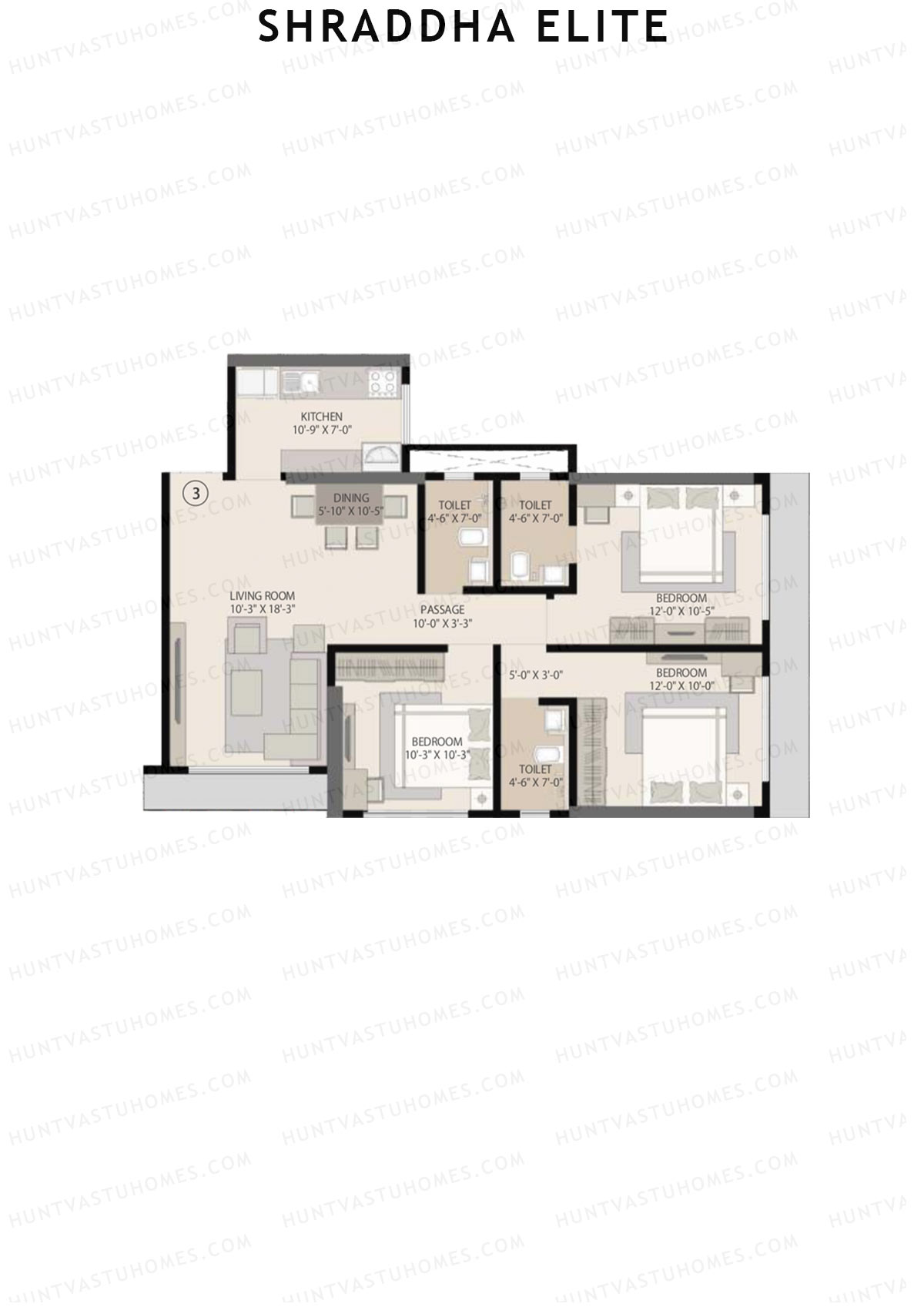 Shraddha Elite, Block A, Unit 3, 3BHK, Carpet Area 868   sq ft 