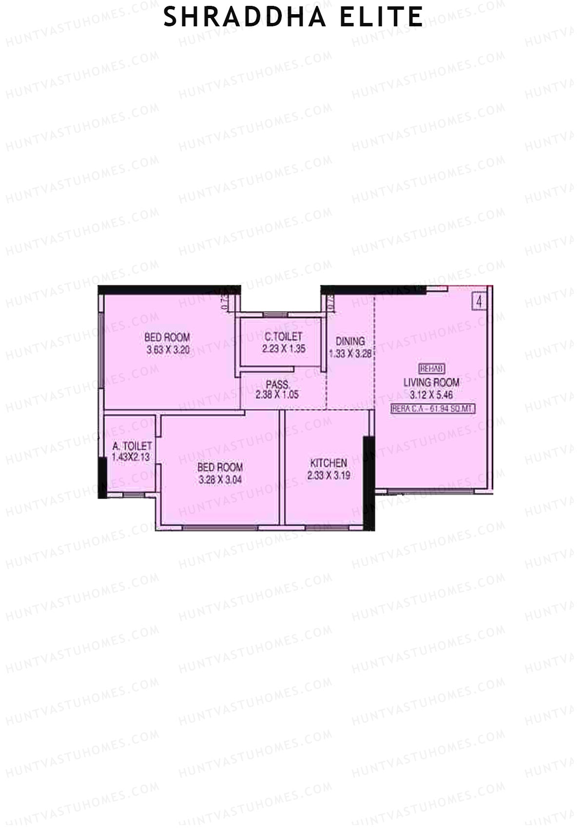 Shraddha Elite, Block A, Unit 4, 2BHK, Carpet Area 666   sq ft 
