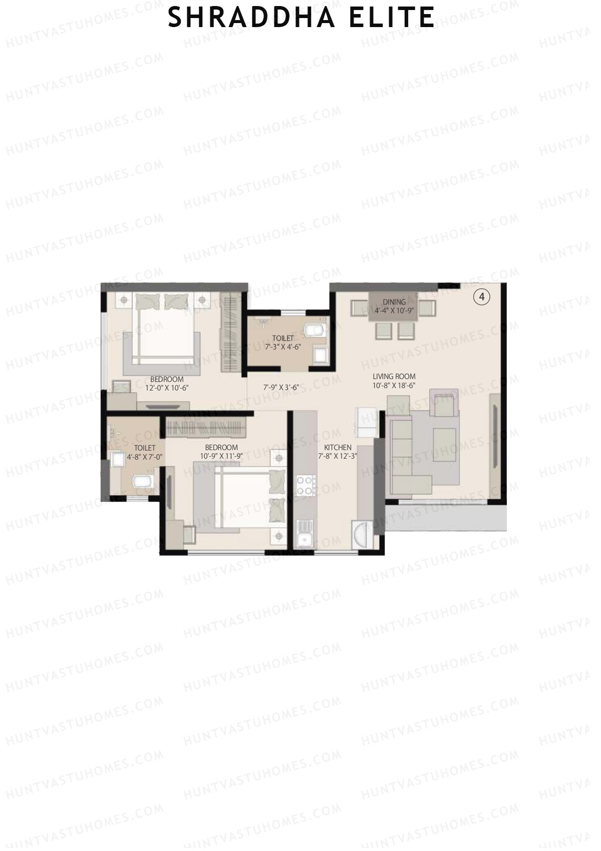 Shraddha Elite, Block A, Unit 4, 2BHK, Carpet Area 708   sq ft 