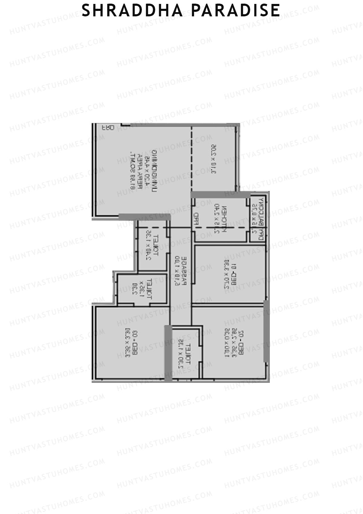 Shraddha Paradise, Wing A, Unit 1, 3BHK, Carpet Area 878   sq ft 