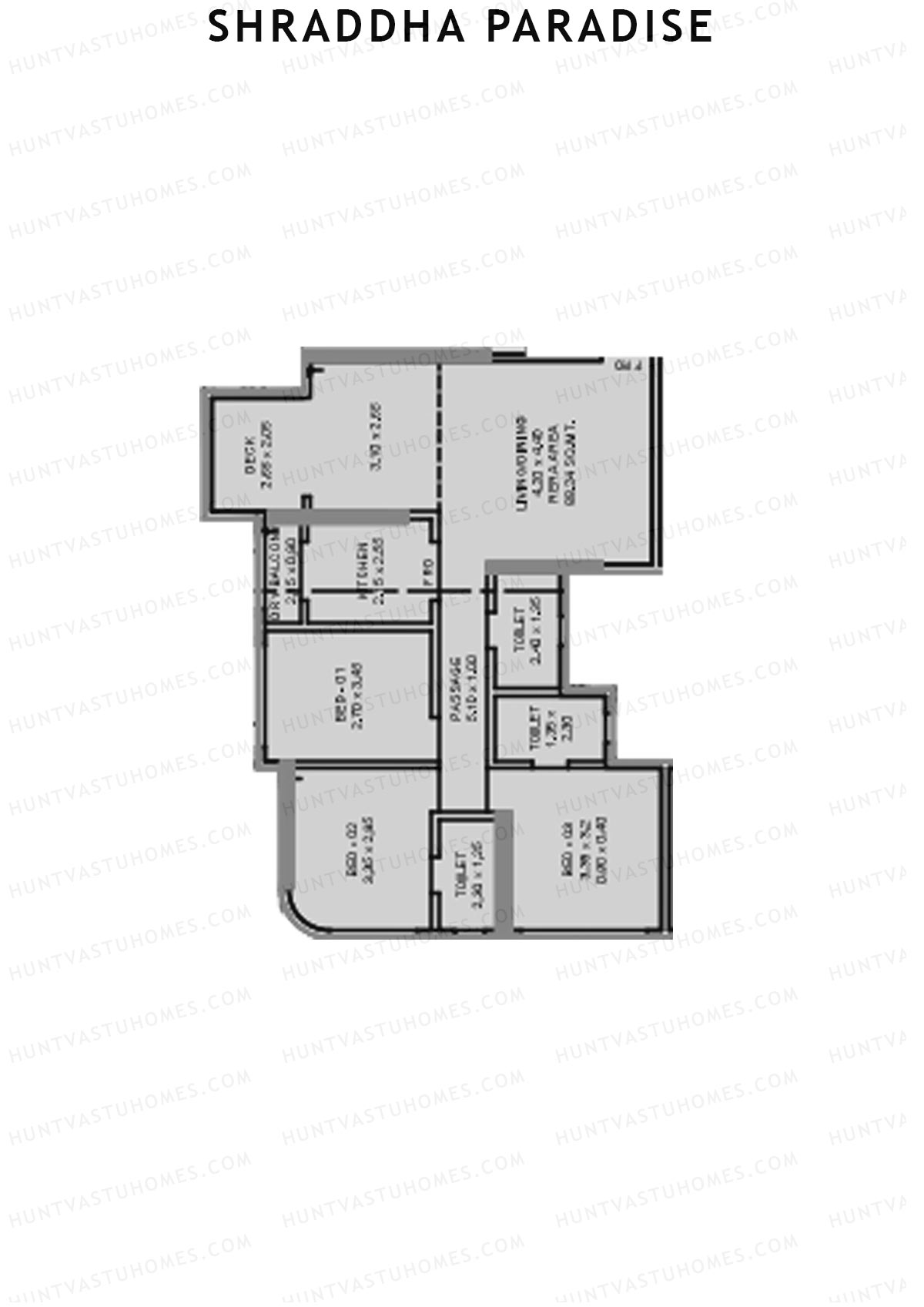 Shraddha Paradise, Wing A, Unit 2, 3BHK, Carpet Area 949   sq ft 