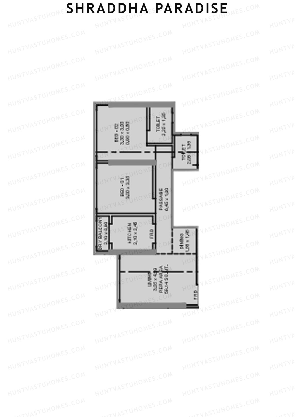 Shraddha Paradise, Wing A, Unit 3, 2BHK, Carpet Area 636   sq ft 