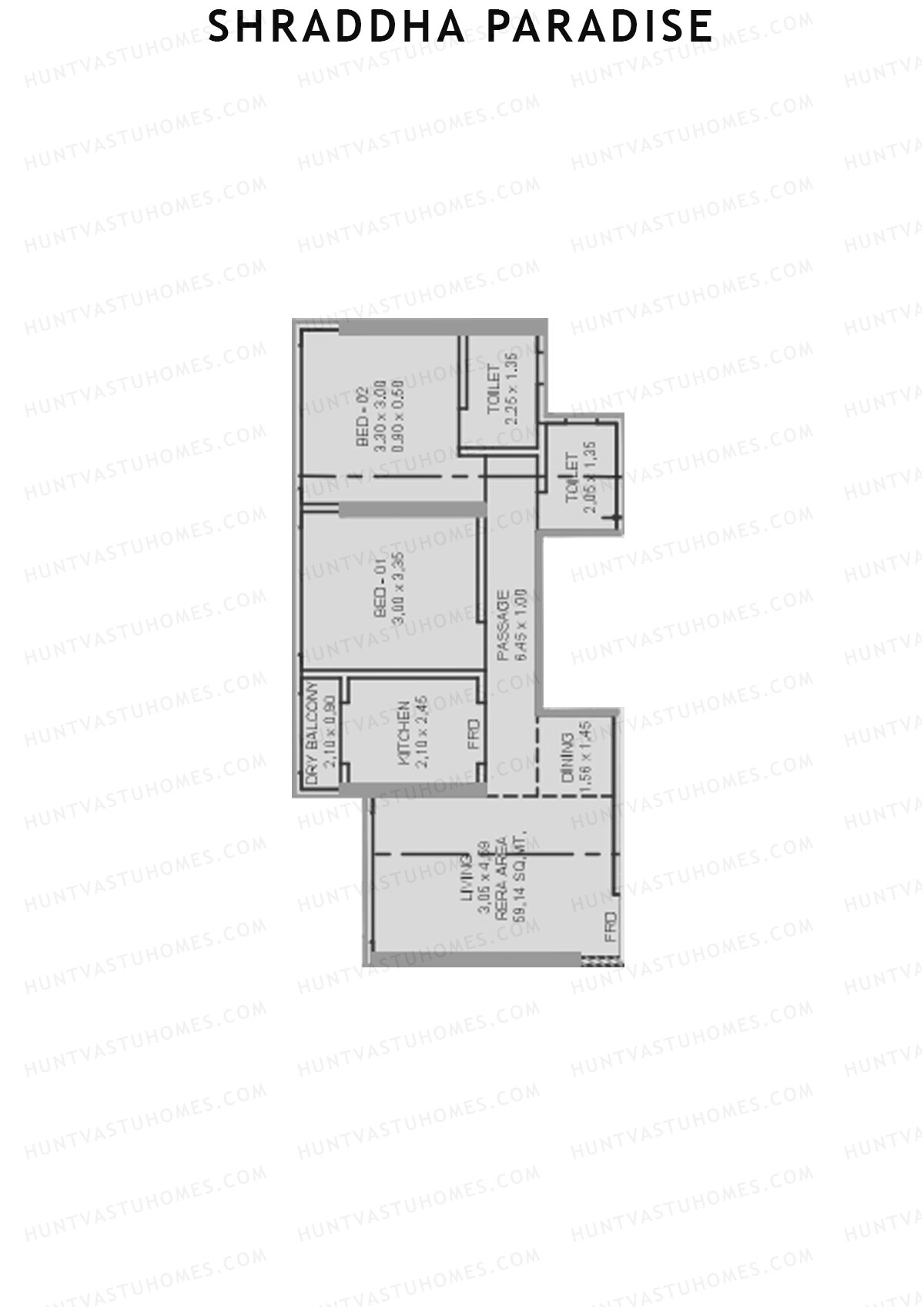 Shraddha Paradise, Wing A, Unit 3, 2BHK, Carpet Area 637   sq ft 