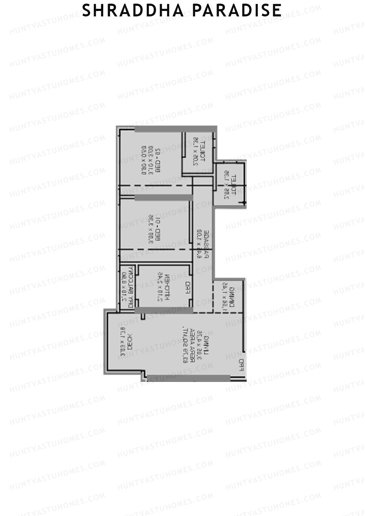 Shraddha Paradise, Wing A, Unit 3, 2BHK, Carpet Area 688   sq ft 