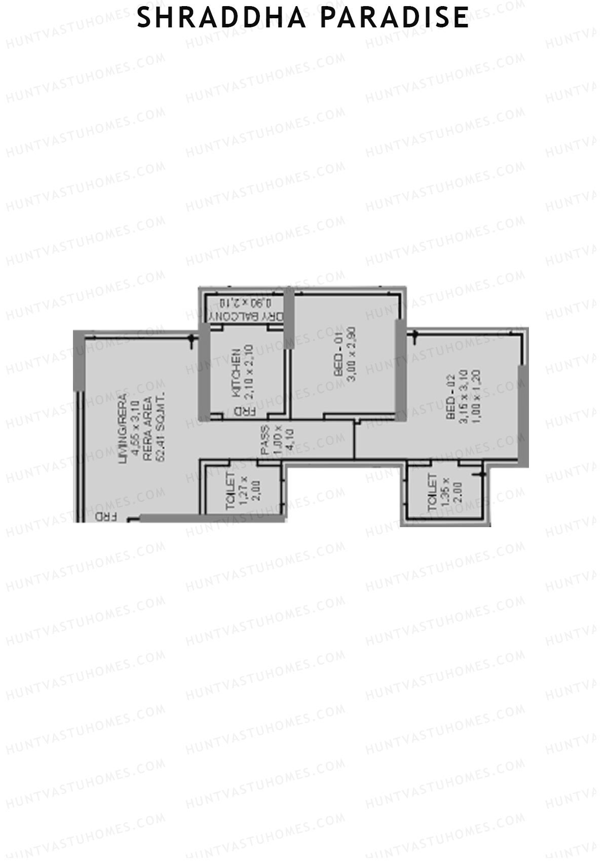 Shraddha Paradise, Wing A, Unit 5, 2BHK, Carpet Area 562   sq ft 
