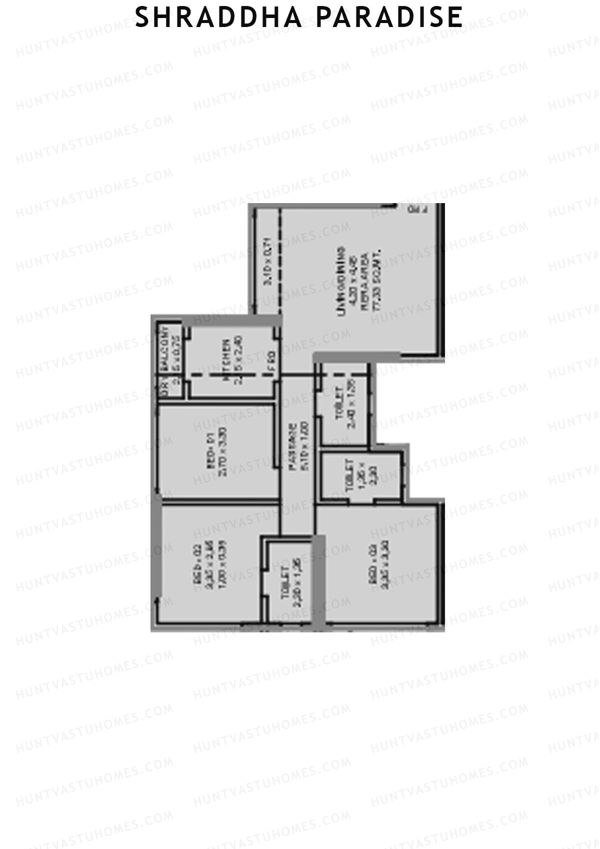 Shraddha Paradise, Wing B, Unit 1, 3BHK, Carpet Area 832   sq ft 