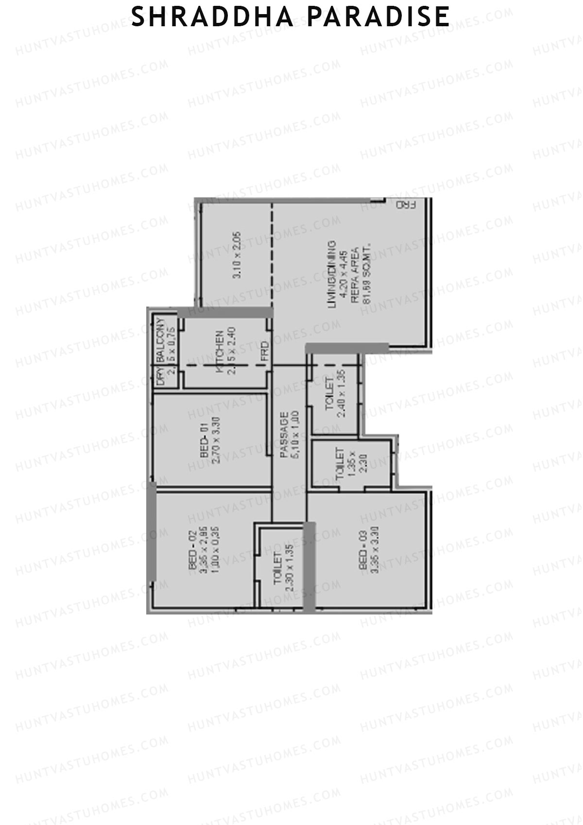 Shraddha Paradise, Wing B, Unit 1, 3BHK, Carpet Area 878   sq ft 