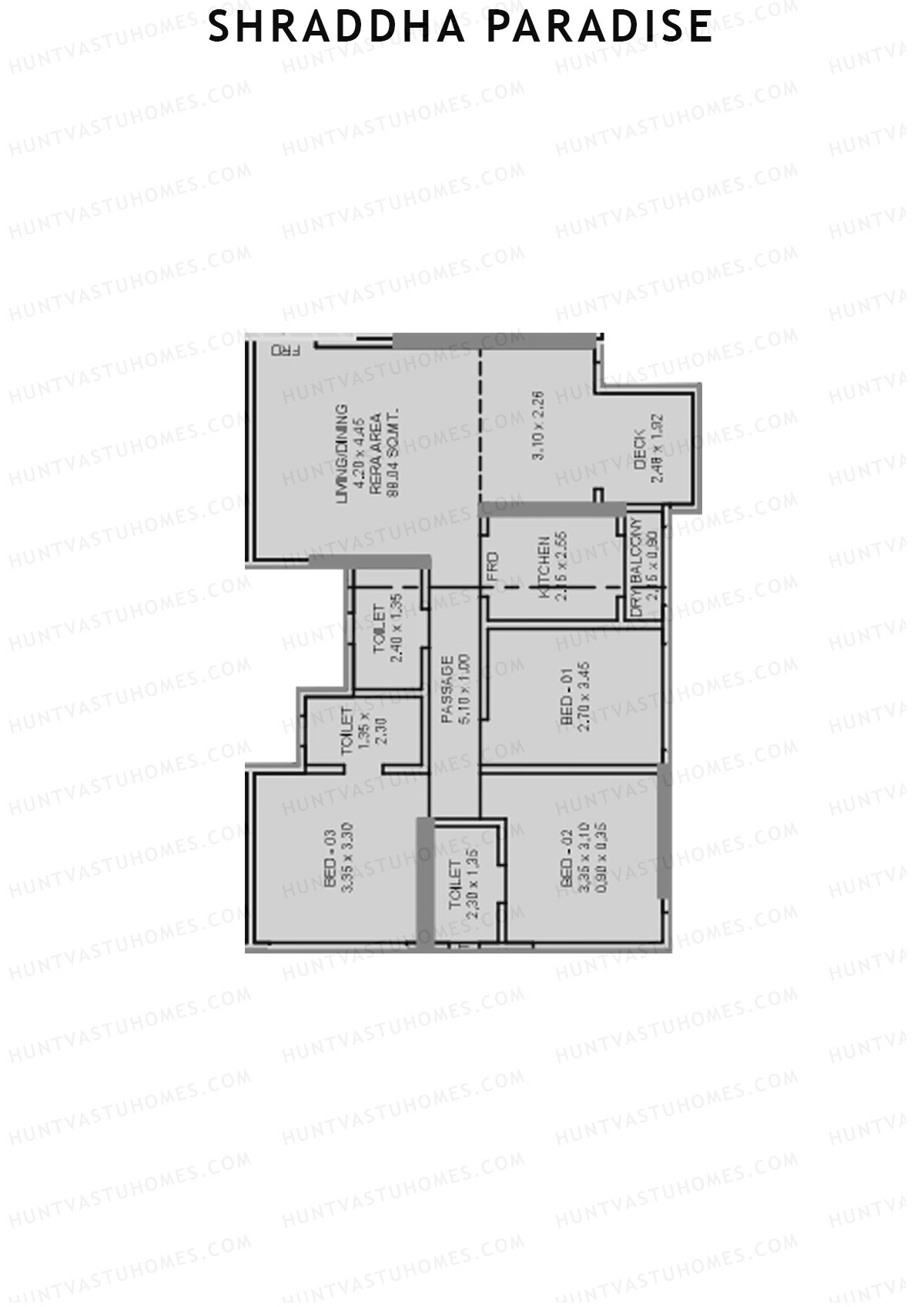 Shraddha Paradise, Wing B, Unit 2, 3BHK, Carpet Area 947   sq ft 
