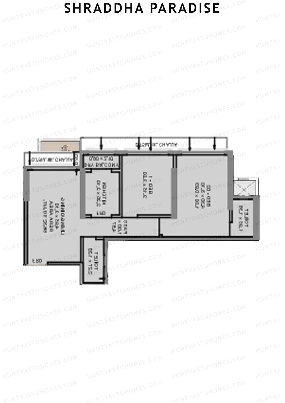 Shraddha Paradise, Wing B, Unit 4, 2BHK, Carpet Area 627   sq ft 