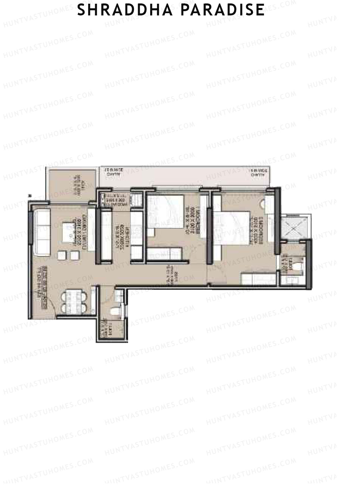 Shraddha Paradise, Wing B, Unit 4, 2BHK, Carpet Area 674   sq ft 