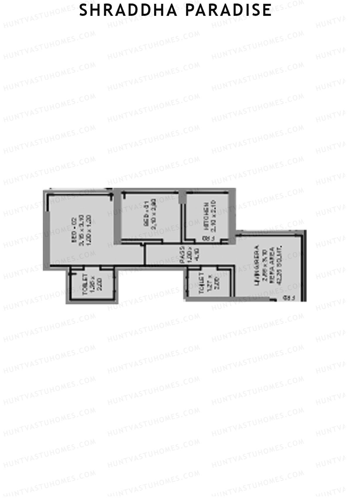 Shraddha Paradise, Wing B, Unit 5, 2BHK, Carpet Area 453   sq ft 