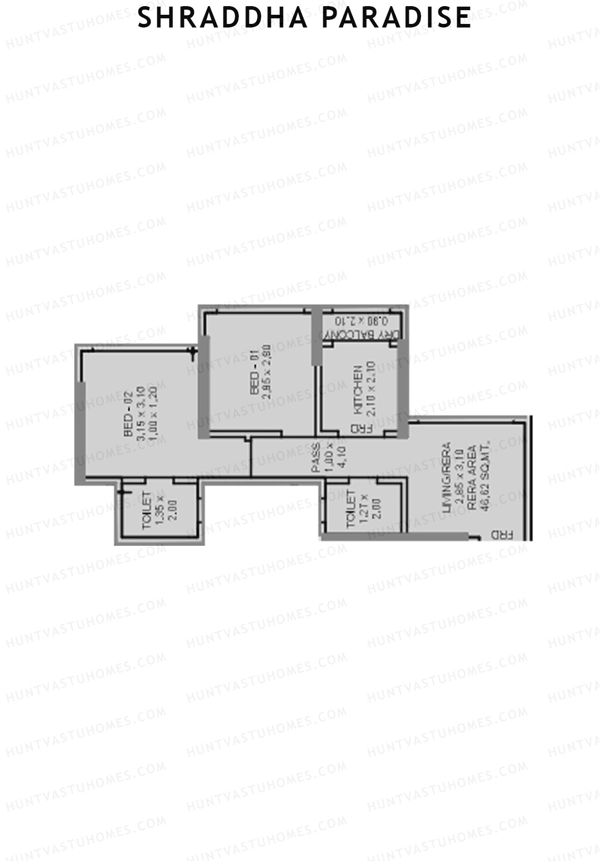 Shraddha Paradise, Wing B, Unit 5, 2BHK, Carpet Area 499   sq ft 