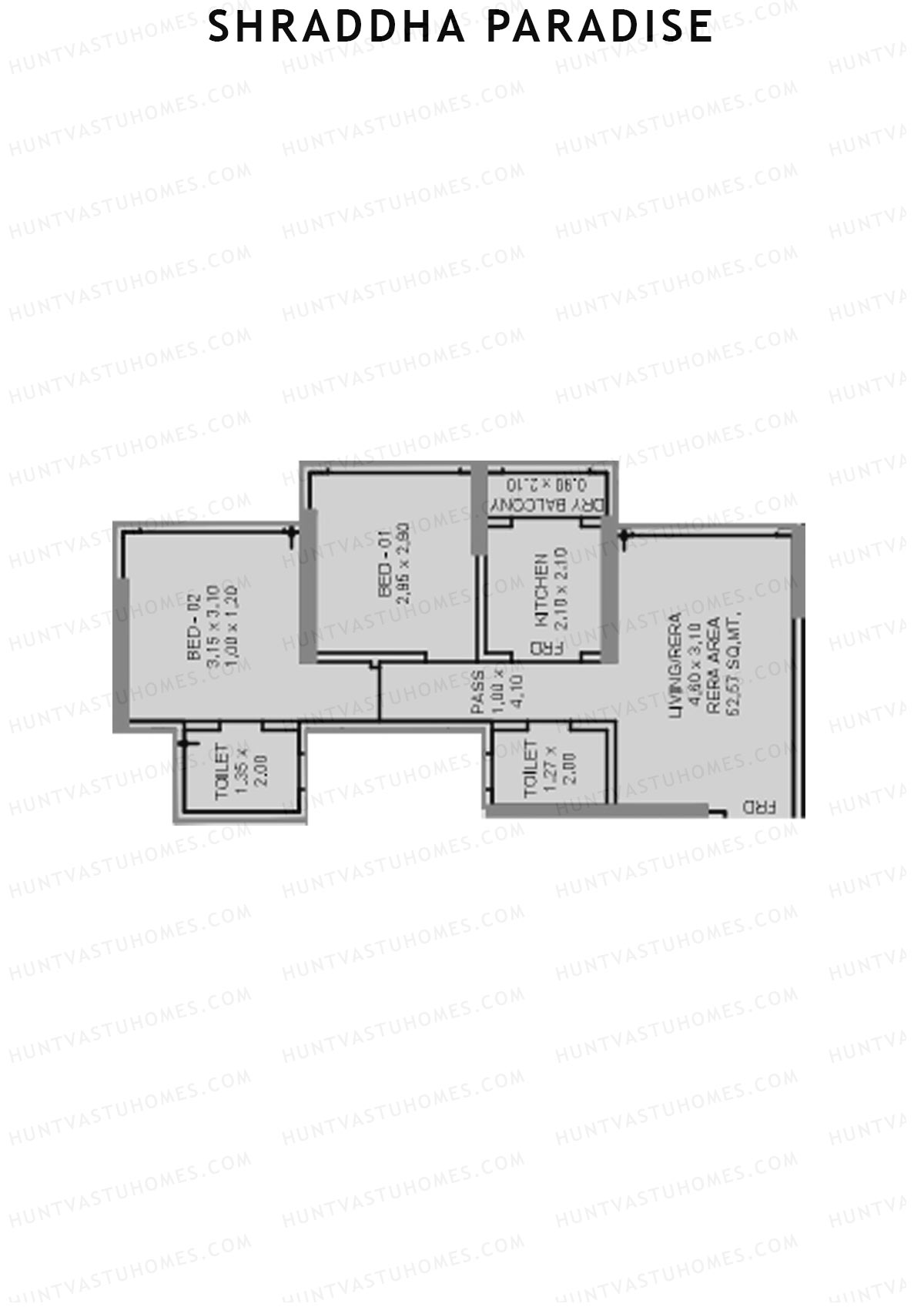 Shraddha Paradise, Wing B, Unit 5, 2BHK, Carpet Area 562   sq ft 