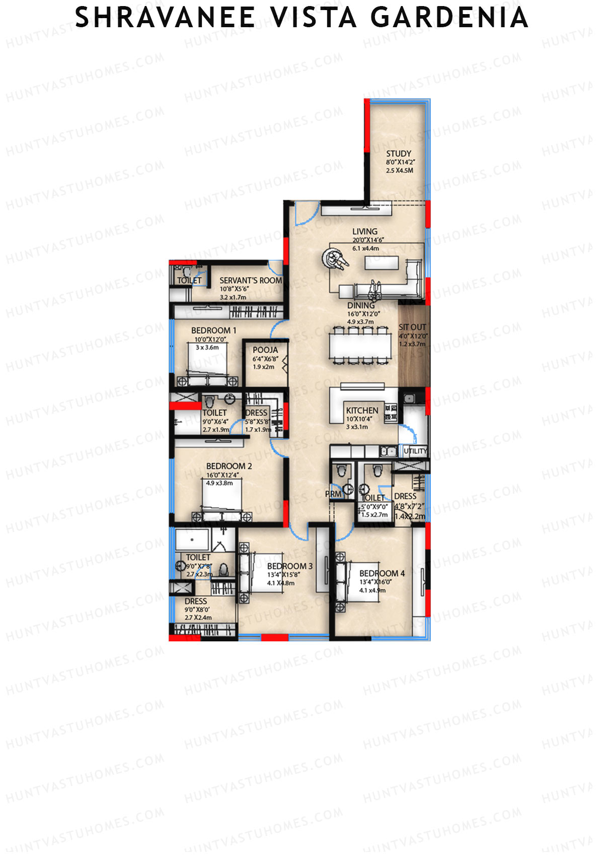 Shravanee Vista Gardenia, Tower 1, Unit 1, 4BHK, Super Area 3497   sq ft 