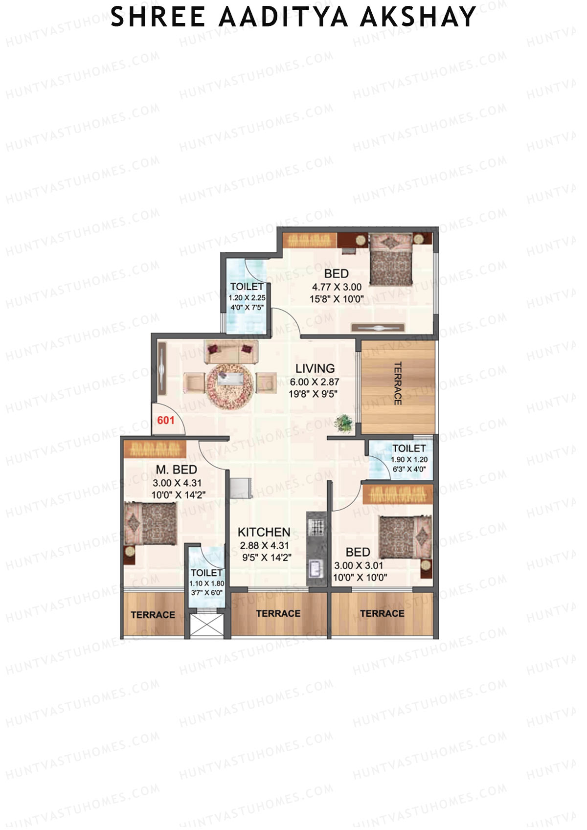 Shree Aaditya Akshay, Tower A, Unit 1, 3BHK, Carpet Area 552   sq ft 