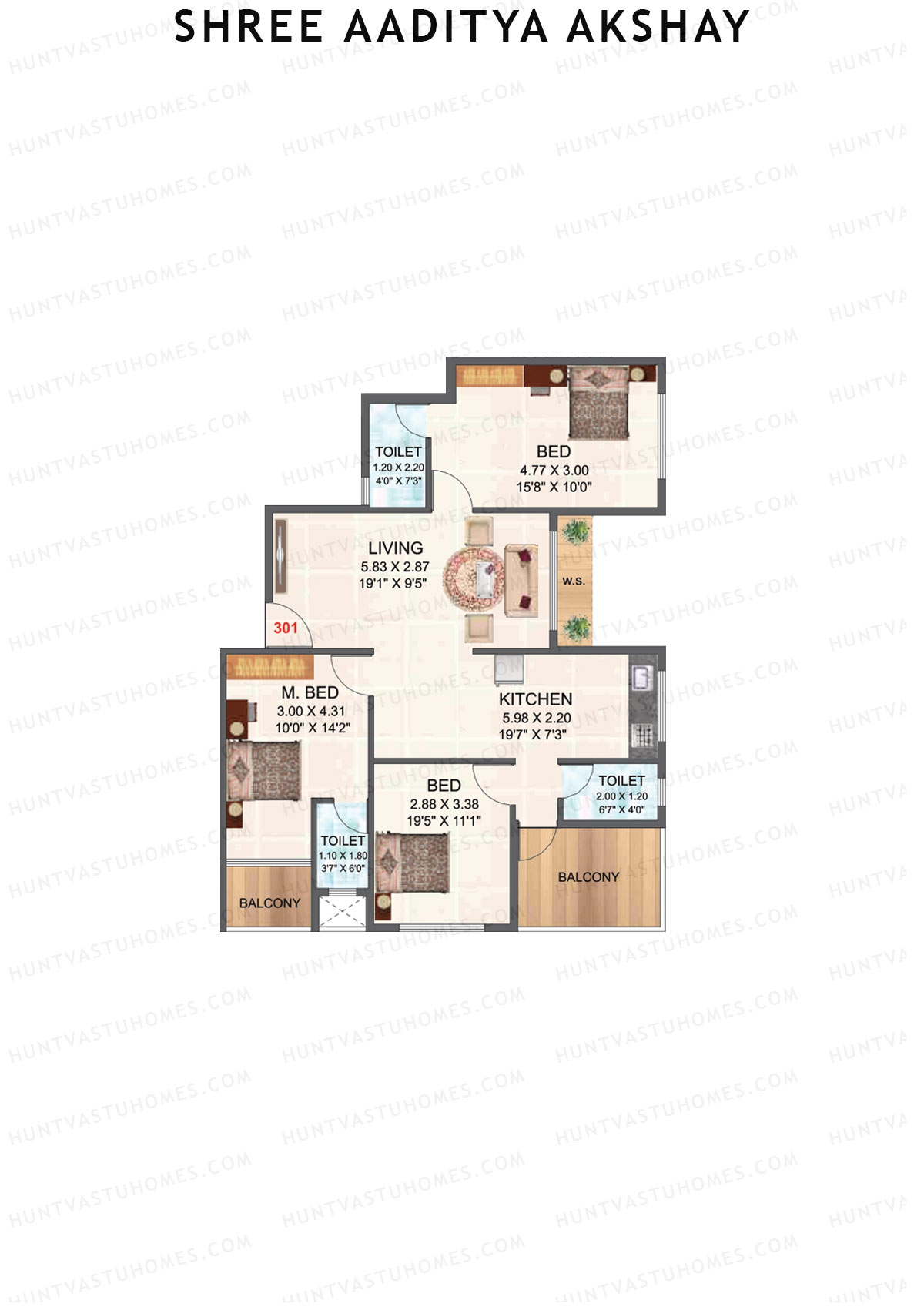 Shree Aaditya Akshay, Tower A, Unit 1, 3BHK, Carpet Area 656   sq ft 