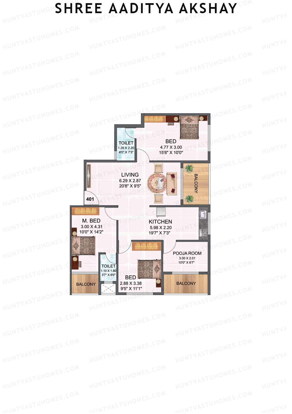 Shree Aaditya Akshay, Tower A, Unit 1, 3BHK, Carpet Area 728   sq ft 
